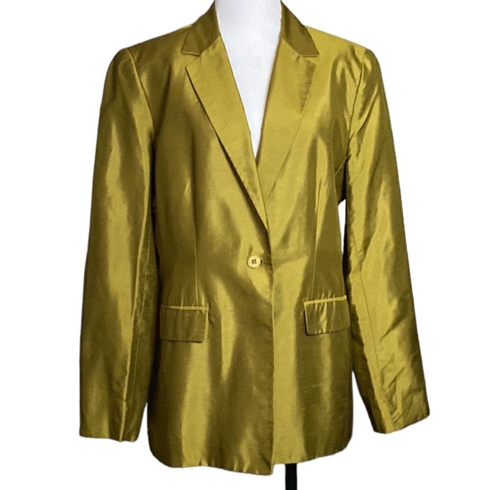 Vintage Jones New York 100% Silk Blazer Jacket Pea Green 90s Chartreuse